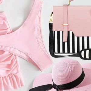 NWT Light Pink Swimsuit Hat Strappy High Heel Shoes Halloween Barbie Cos…